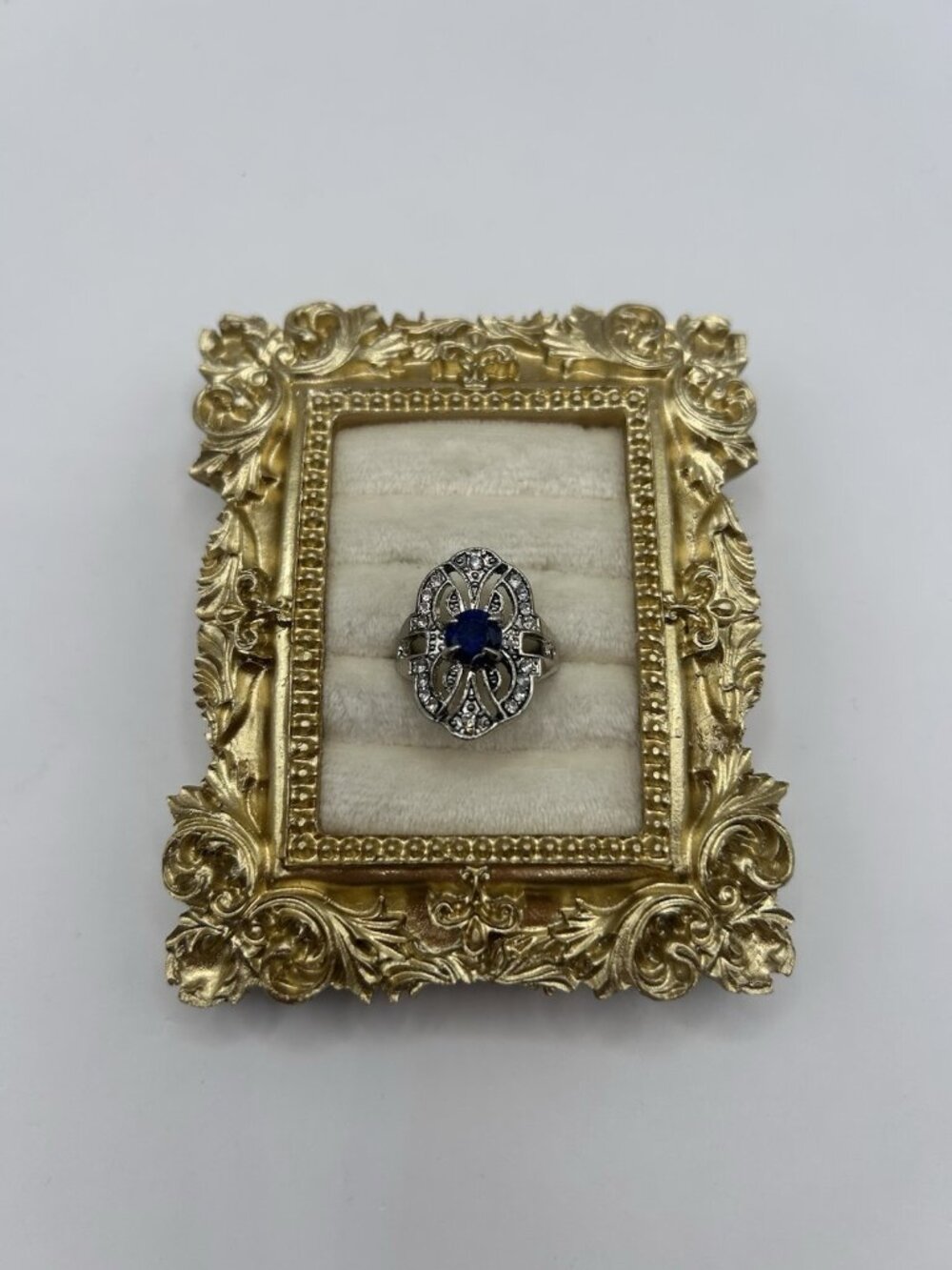Art Deco Style Silver Tone Ring Blue Center Stone Clear Rhinestones Size 6.5